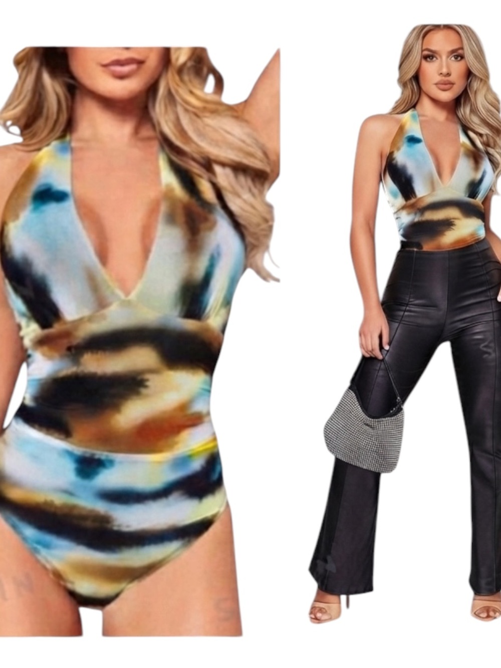SHEIN BAE Tie Dye Halter Neck Backless Ruched Side Mesh Bodysuit size L new